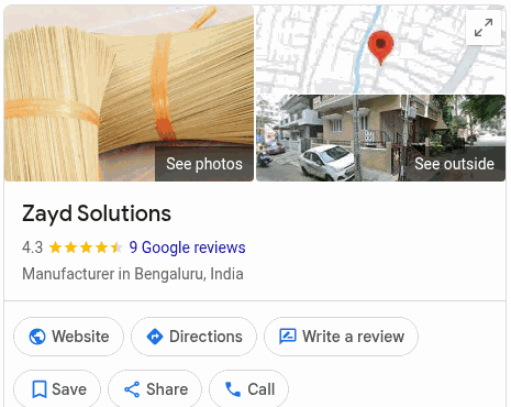 Google listing for Zayd Solutions showing a 4.3 star rating from 9 Google reviews