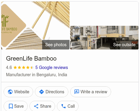 Google listing for GreenLife Bamboo showing a 4.6 star rating from 5 Google reviews