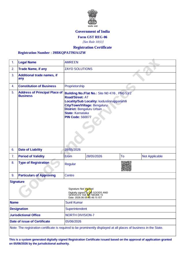 GST registration certificate Form GST REG-06 for Zayd Solutions, GSTIN 29BKQPA7792A1ZW